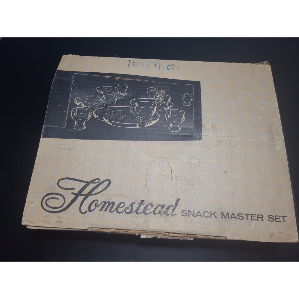 Homestead Snack Master Set; 4 Trays,4 Cups,4 goblets VTG Federal Glass Co In Box
